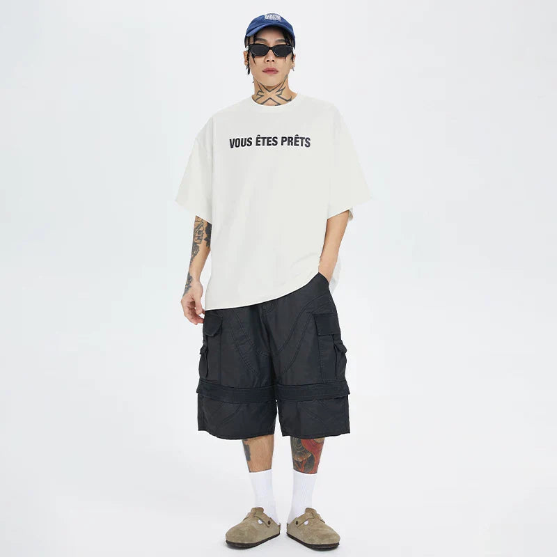 F2CE wax coated workwear knee length shorts, dark and loose silhouette high street Vibe versatile multi pocket cropped pants