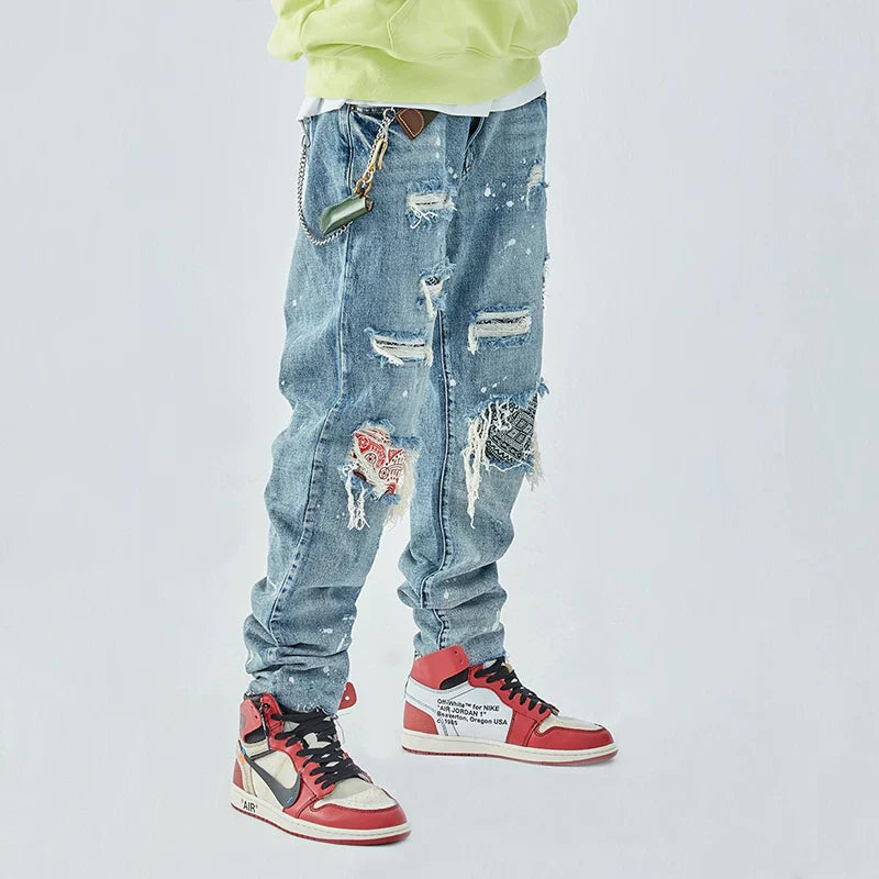 F2CE ripped pants washed with water to make old, cashew flower patch fabric replaced, loose men's spring and autumn straight leg trendy brand jeans