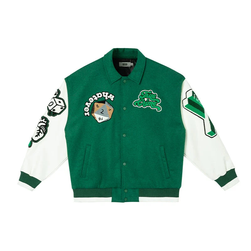 F2CE Trendy Embroidered Baseball Jacket with Green Wool for Autumn and Winter, Trendy Jacket for Couples, Casual High Street Collar Jacket