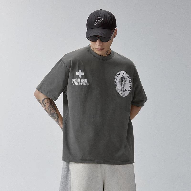 F2CE Printed Vintage Vintage Trendy Do Old Round Neck Short Sleeve Loose Trendy High Street Casual T-shirt for Men and Women