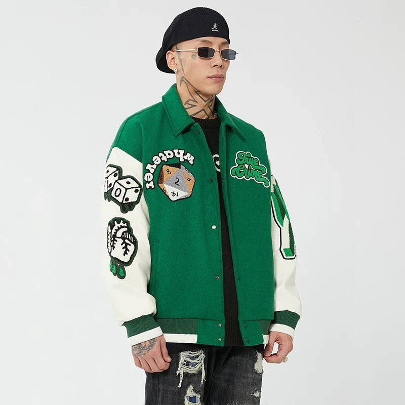 F2CE Trendy Embroidered Baseball Jacket with Green Wool for Autumn and Winter, Trendy Jacket for Couples, Casual High Street Collar Jacket
