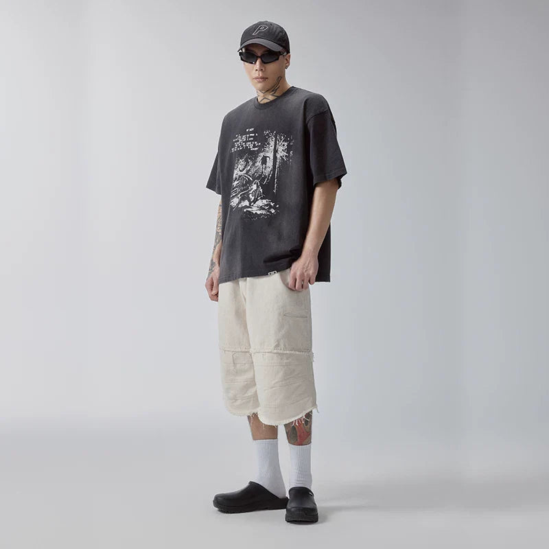 F2CE trendy spliced knee high shorts with loose silhouette, curved edge, high street, Vibe casual versatile cropped pants