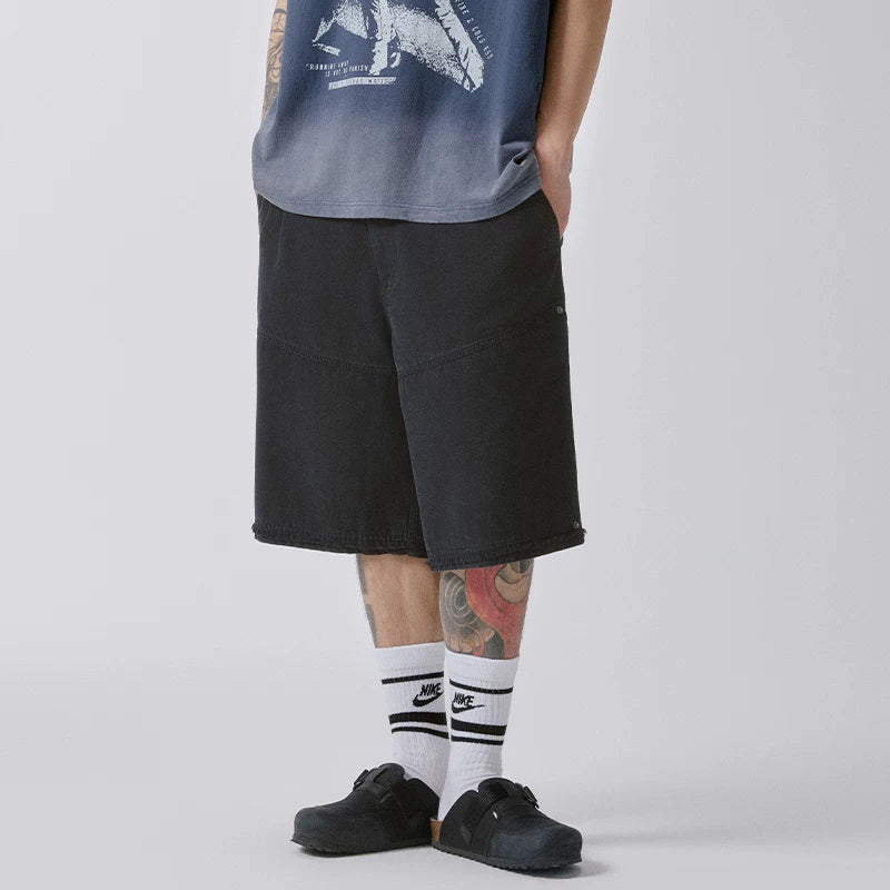 F2CE trendy shorts, washed and worn, loose silhouette, straight tube, rough edge, high street, Vibe black, versatile summer casual pants for men