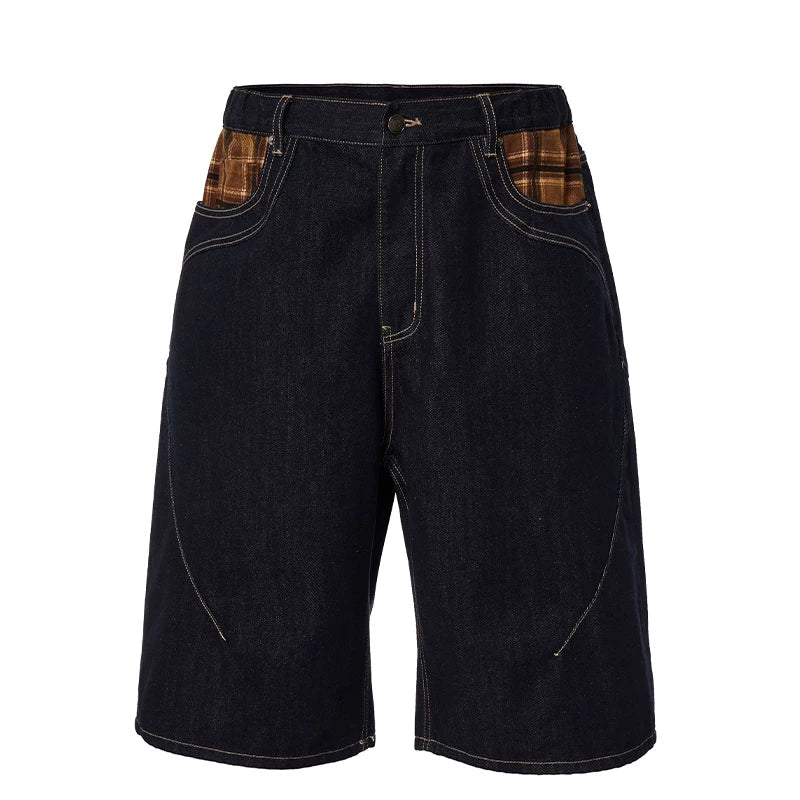 F2CE trendy original color denim shorts with loose silhouette and grid splicing, Vibe casual versatile over the knee cropped pants