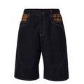 F2CE trendy original color denim shorts with loose silhouette and grid splicing, Vibe casual versatile over the knee cropped pants