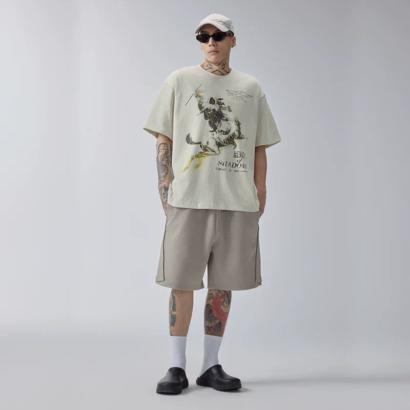 FCE American retro knight print Vintage round neck short sleeved loose and trendy high street casual t-shirt for men and women