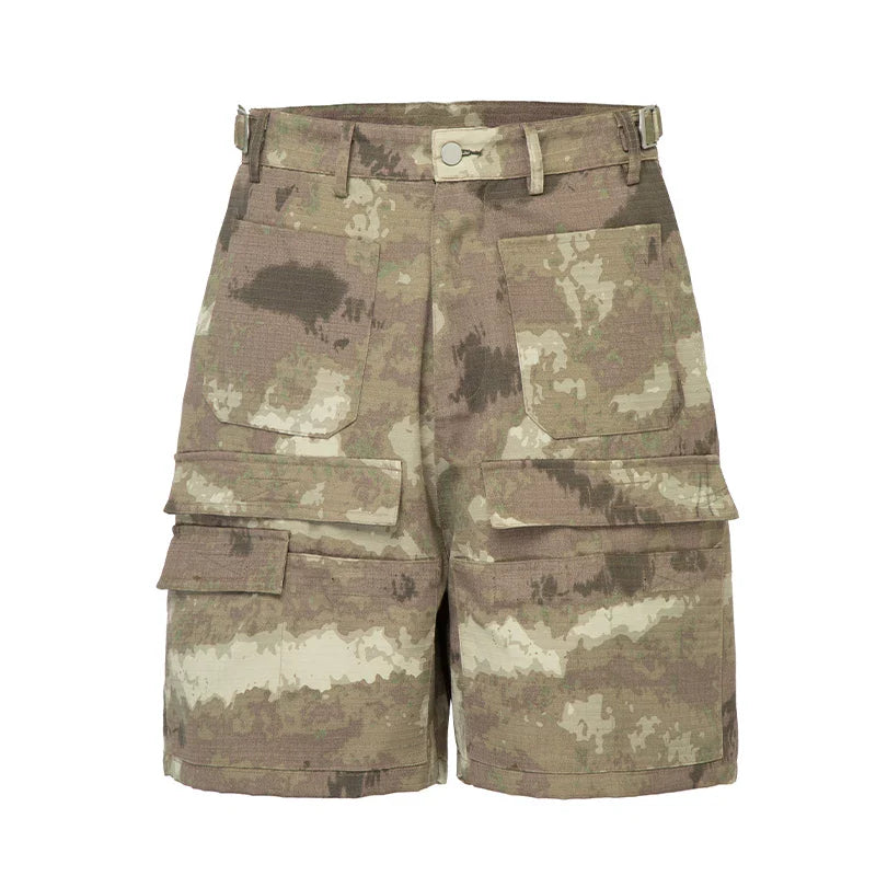 F2CE American retro camouflage shorts, men's high street multi pocket straight leg workwear pants, trendy loose and versatile capris