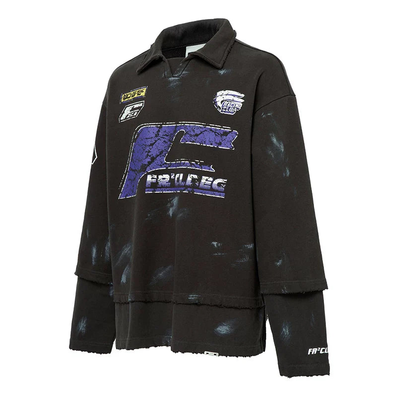 F2CE heavyweight polo shirt, American fake, two pieces worn out, stacked, racing style printed, hand-painted loose casual sweatshirt