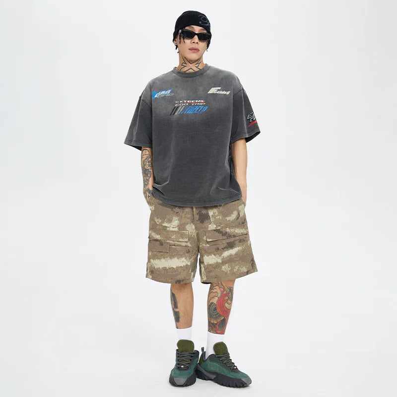 F2CE American retro camouflage shorts, men's high street multi pocket straight leg workwear pants, trendy loose and versatile capris