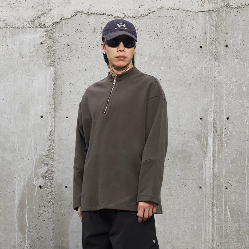F2CE heavyweight basic solid color small stand up collar zipper long sleeved base T cotton American retro casual men's top autumn