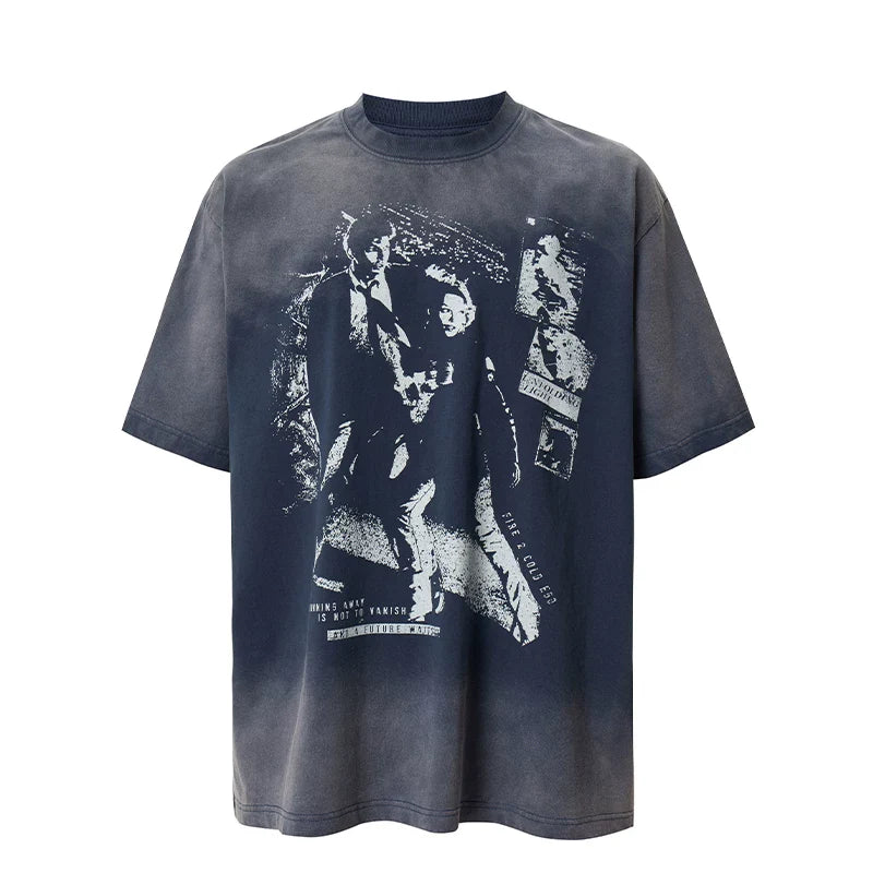 F2CE heavyweight pure cotton gradient washed portrait printed T-shirt, American style vintage loose shoulder short sleeved, unisex