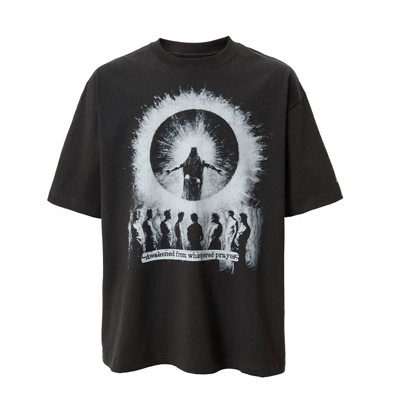 F2CE American high street dark style T-shirt silhouette prayer character print oversized loose casual short sleeved men