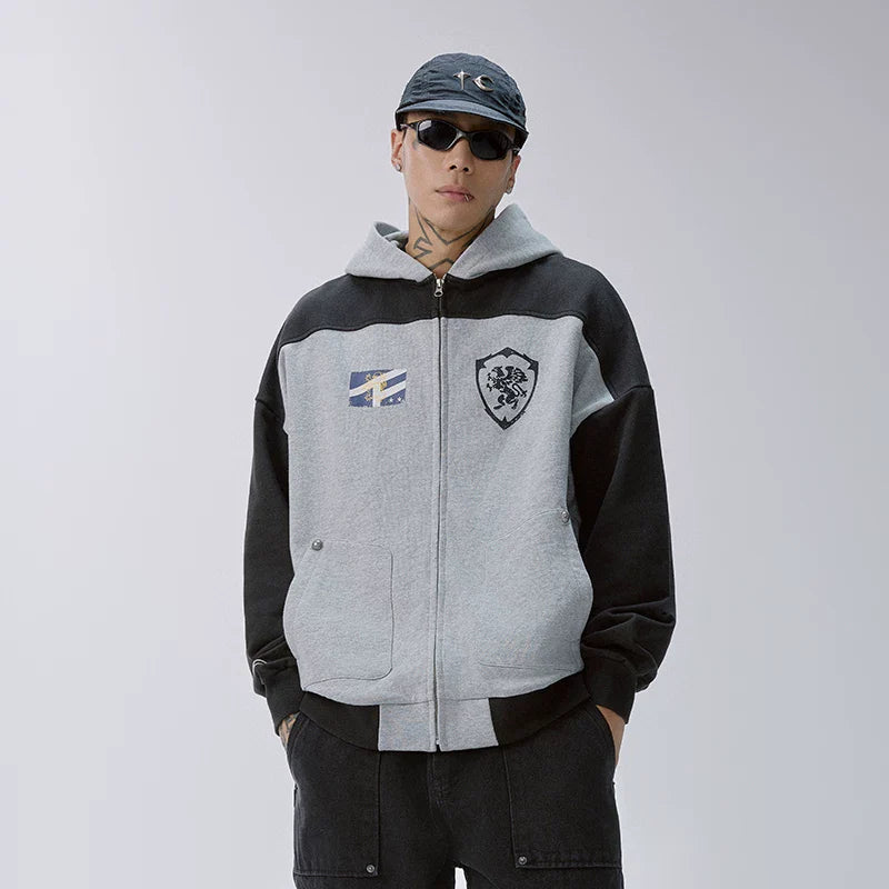 F2CE American high street cardigan patchwork contrasting hooded sweatshirt, men's and women's loose casual versatile printed hoodie jacket