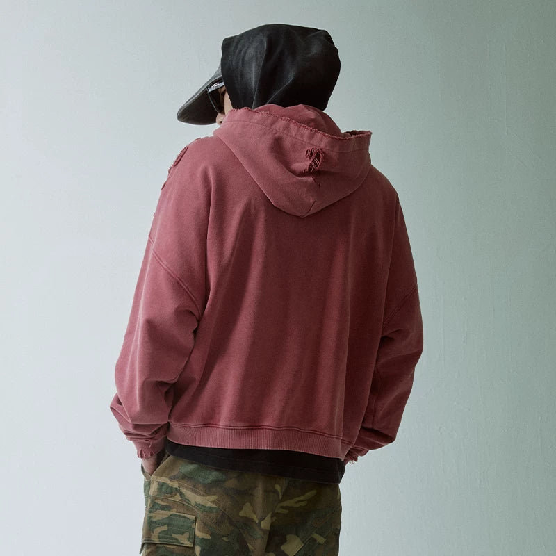 F2CE vintage solid color worn loose wide basic versatile hooded sweatshirt with metal logo collision casual hoodie trend