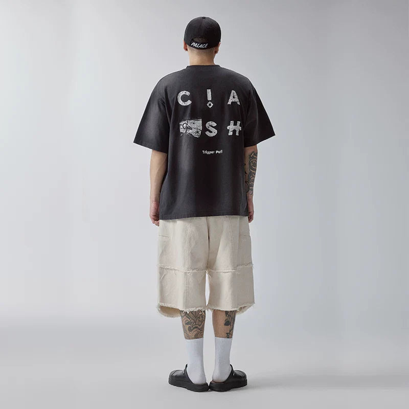 F2CE Heavy duty Washed Gradient Old American Retro High Street Trendy Printed T-shirt Summer Loose Casual Short Sleeve