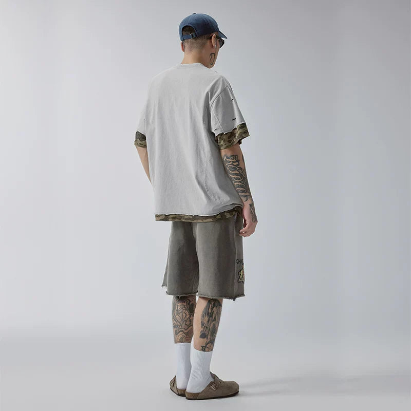 F2CE Trendy Loose Washed Outdated Printed Stamp Hairy Casual Versatile Shorts Men's Beach Pants Pentagram Pants