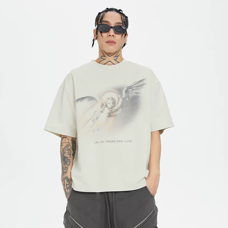 F2CE Angel Noise Printed Vintage Round Neck Short Sleeve Loose Trendy High Street Casual T-shirt for Men and Women