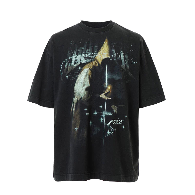 F2CE Heavy duty Washed Old American Retro Vintage High Street Trendy Printed T-shirt Summer Loose Casual Short Sleeve
