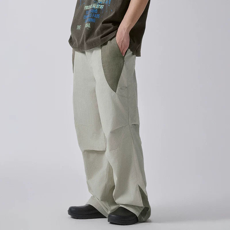 F2CE splicing color blocking functional pleated work pants, loose men's trendy straight leg high street pants, casual pants for spring and summer