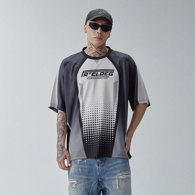 F2CE trendy short sleeved moisture absorbing quick drying retro casual patchwork printed contrasting color jersey sports top men's T-shirt