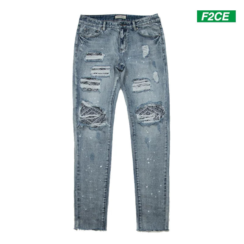 F2CE ripped pants washed with water to make old, cashew flower patch fabric replaced, loose men's spring and autumn straight leg trendy brand jeans