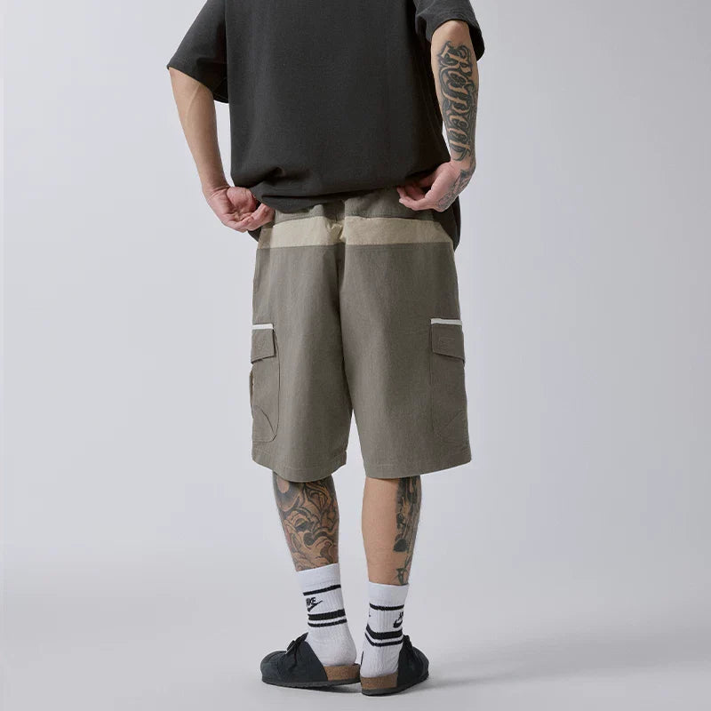 F2CE mountain style outdoor contrasting color splicing trendy workwear shorts for men, retro vintage vintage multi pocket functional casual shorts