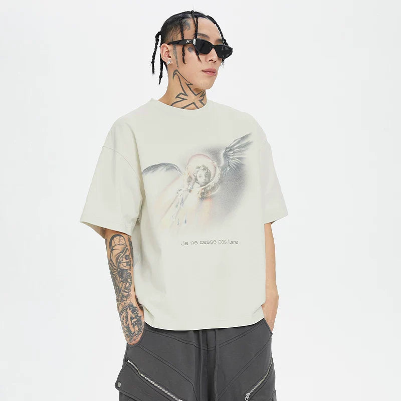 F2CE Angel Noise Printed Vintage Round Neck Short Sleeve Loose Trendy High Street Casual T-shirt for Men and Women
