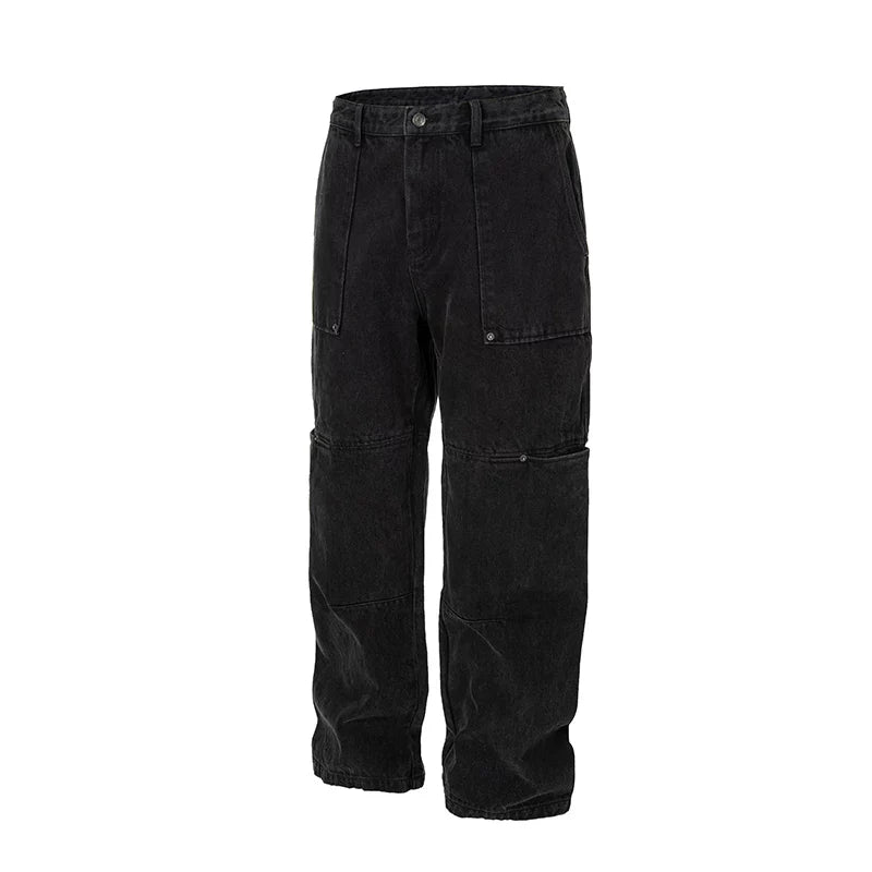F2CE High Street Trendy American Casual Pants Used Jeans with Multiple Pockets Loose and Loose Straight Tube Workwear Pants