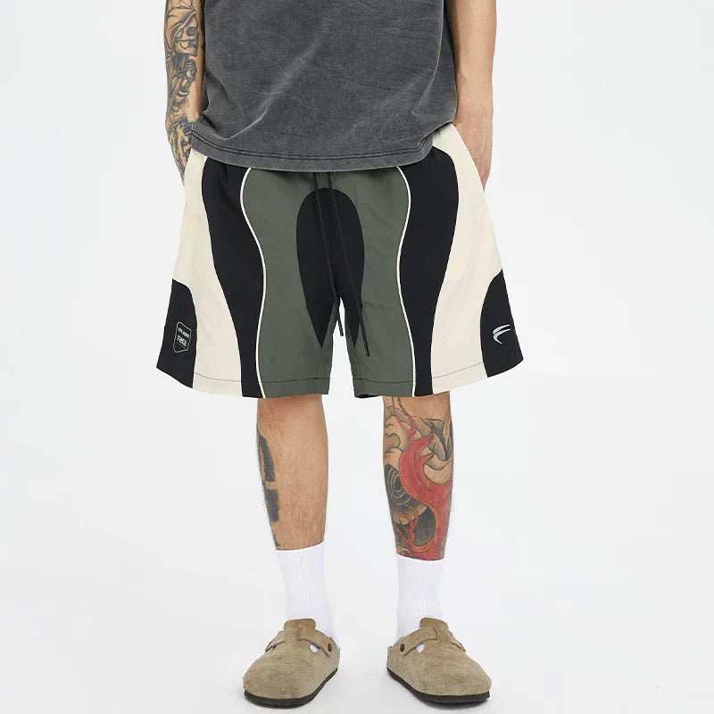 F2CE American style trendy spliced contrasting nylon shorts for men in summer, loose and casual five point basketball pants, sports breathable