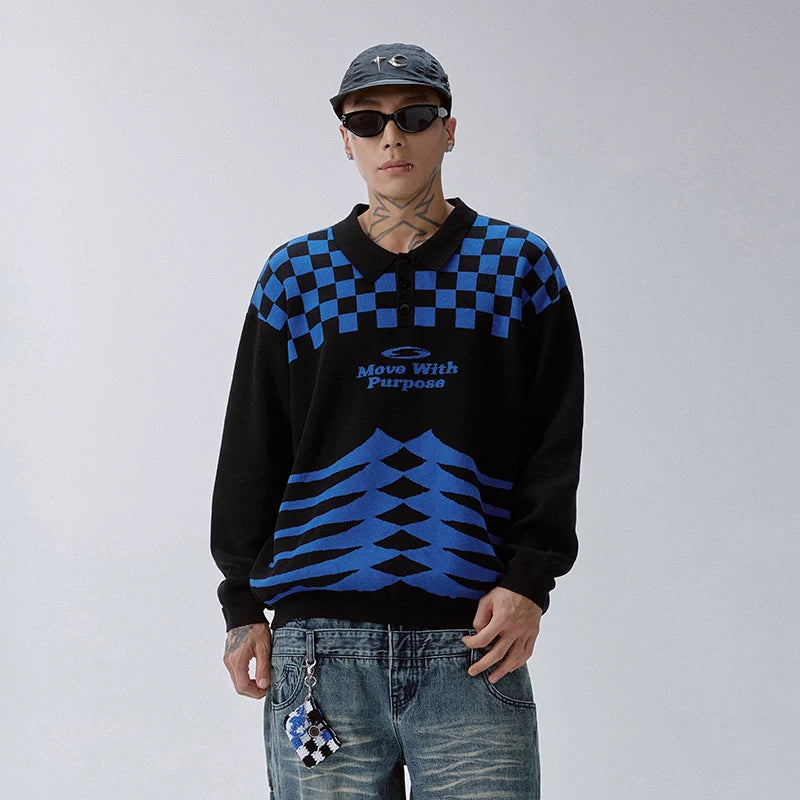 F2CE trendy patchwork color checkerboard patterned polo collar sweater casual loose and versatile men's and women's warm knit sweater