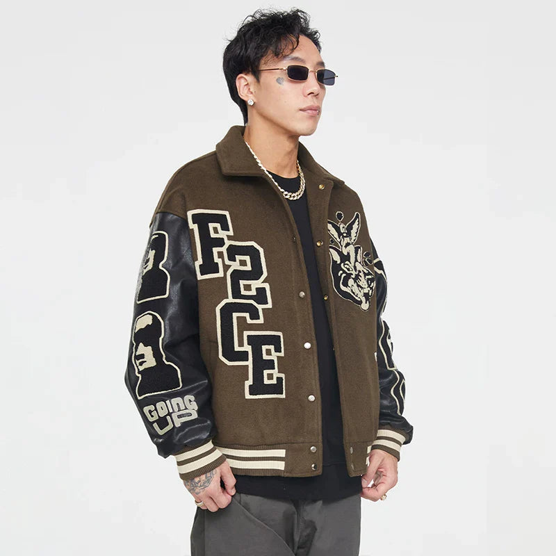 F2CE Trendy Heavy duty Towel Embroidered Baseball Jacket Wool for Autumn and Winter, Trendy Couple Casual Collar Jacket