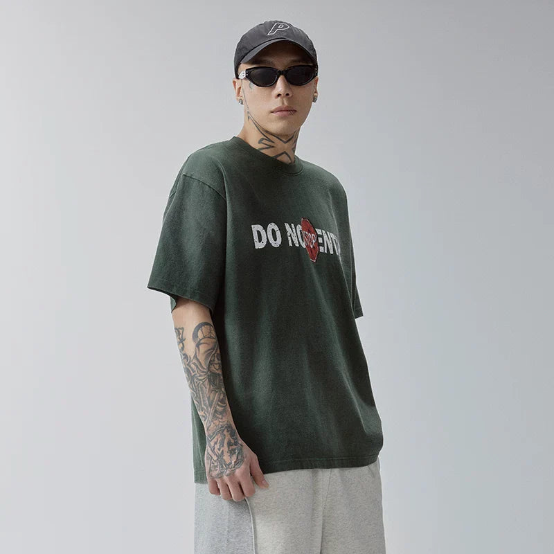 F2CE Trendy Gradient Washed Outdated Slogan Printed Short Sleeve Heavy Loose Simple Versatile T-shirt Half Sleeve for Men and Women