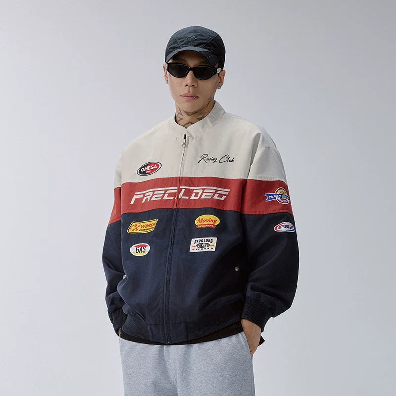 F2CE American Trendy Racing Jacket Splicing Color Contrasting Heavy Embroidered Loose Casual Men's Autumn/Winter Couple Coat