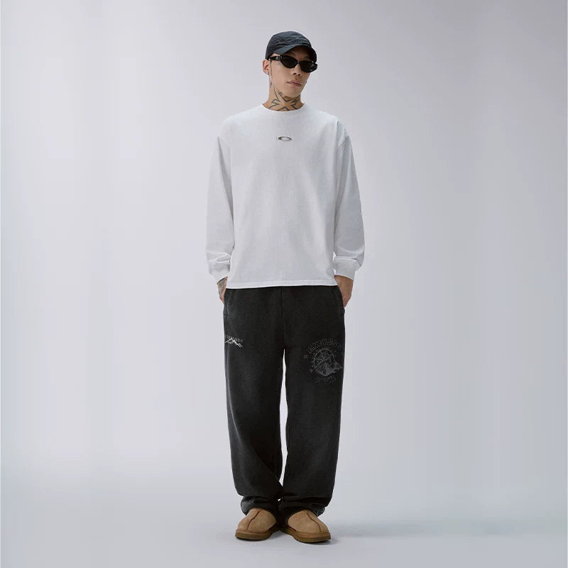 F2CE heavy-duty washed water distressed printed sweatpants for men, loose straight leg wide style trendy casual pants