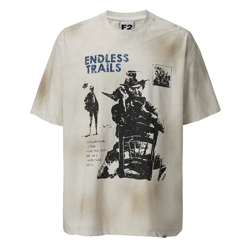 F2CE Trendy Heavy Old Mud Dyeing Printed Short Sleeve Loose Wide Couple Casual Versatile T-shirt Half Sleeve
