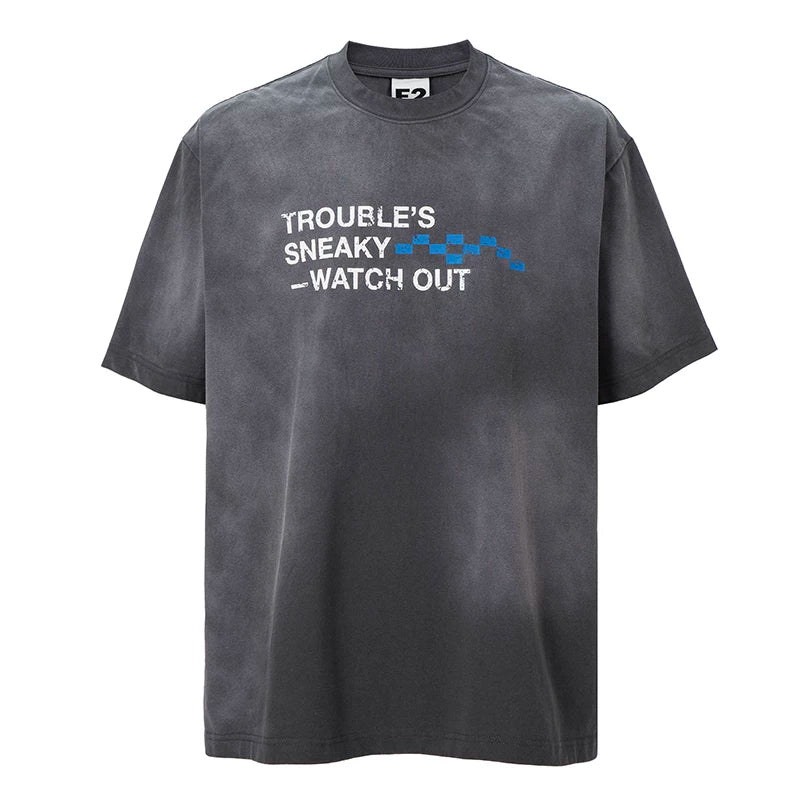 F2CE trendy vintage mud dye printed slogan short sleeved loose wide couple casual versatile T-shirt