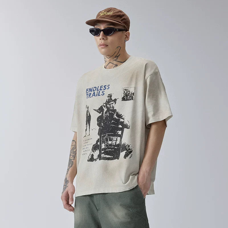 F2CE Trendy Heavy Old Mud Dyeing Printed Short Sleeve Loose Wide Couple Casual Versatile T-shirt Half Sleeve