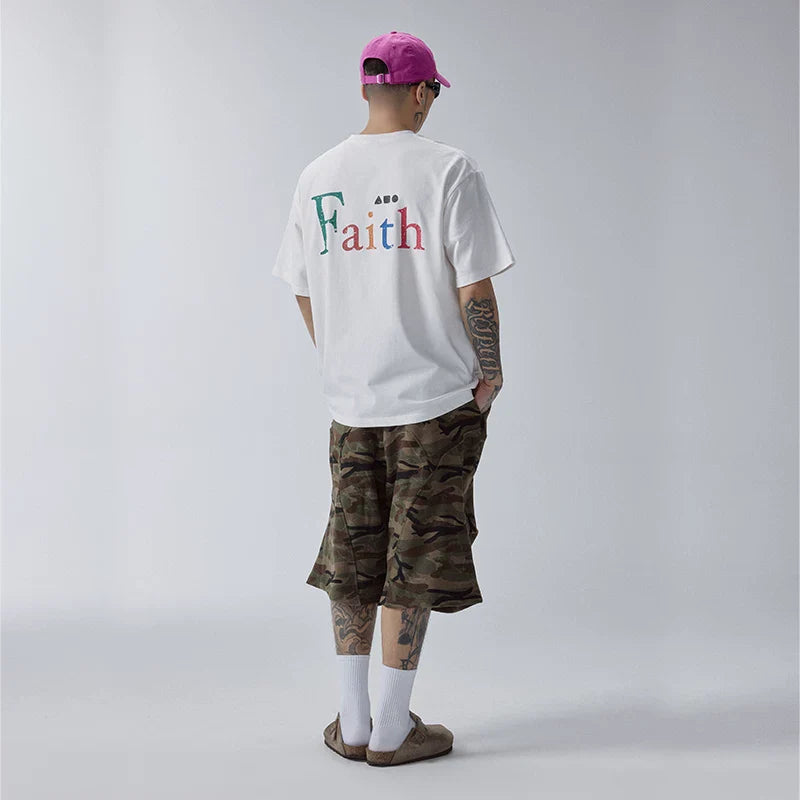 F2CE trendy loose washed vintage camouflage cropped pants with knee folds and curved blades casual pants versatile shorts for men in summer