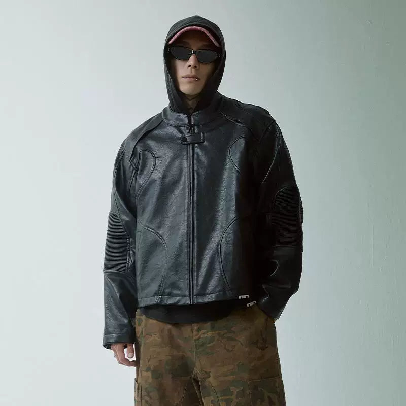 F2CE deconstruction splicing heavyweight stand up collar black leather jacket loose motorcycle leather jacket men's silhouette Vibe casual trendy jacket