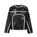 F2CE trendy embroidered leather jacket with retro stripes, loose and trendy motorcycle leather jacket, racing suit jacket for men