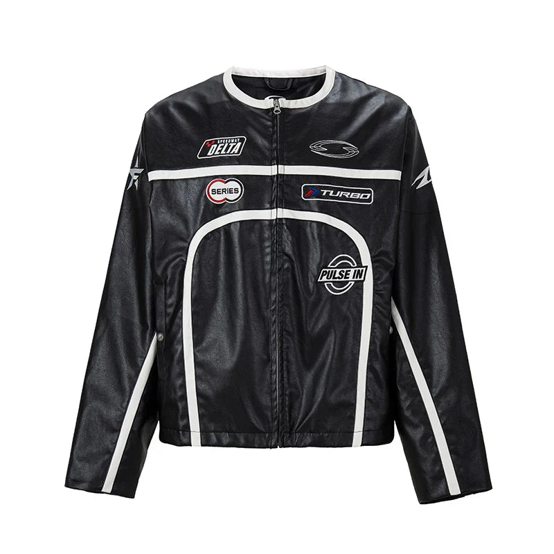 F2CE trendy embroidered leather jacket with retro stripes, loose and trendy motorcycle leather jacket, racing suit jacket for men