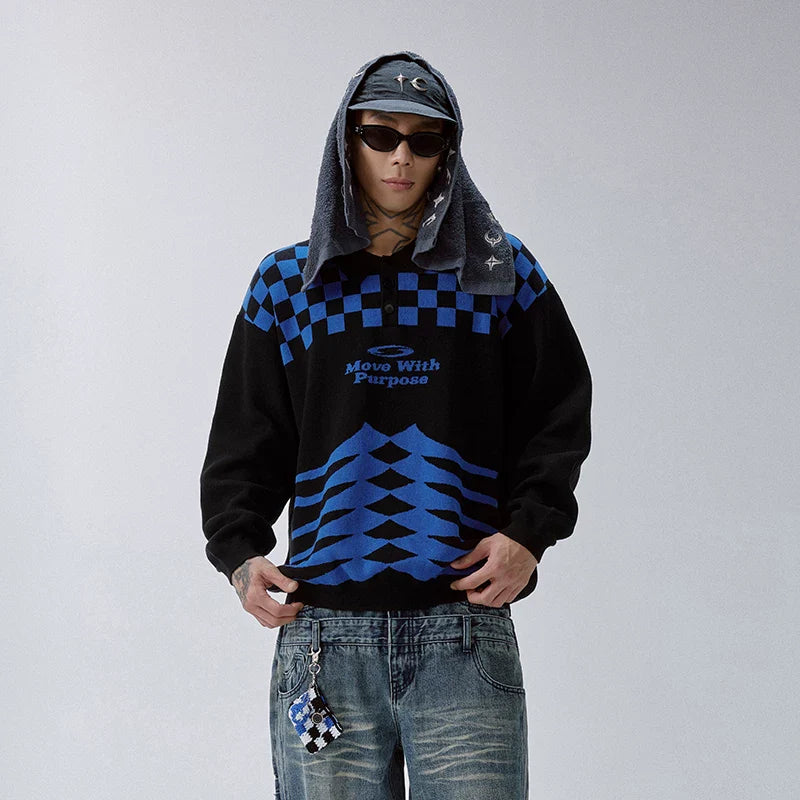 F2CE trendy patchwork color checkerboard patterned polo collar sweater casual loose and versatile men's and women's warm knit sweater