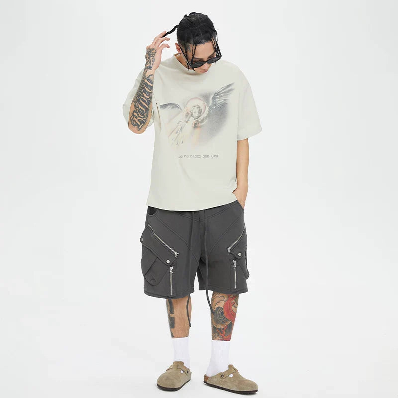 F2CE Angel Noise Printed Vintage Round Neck Short Sleeve Loose Trendy High Street Casual T-shirt for Men and Women