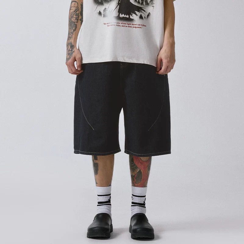 F2CE trendy original color denim shorts with loose silhouette and grid splicing, Vibe casual versatile over the knee cropped pants