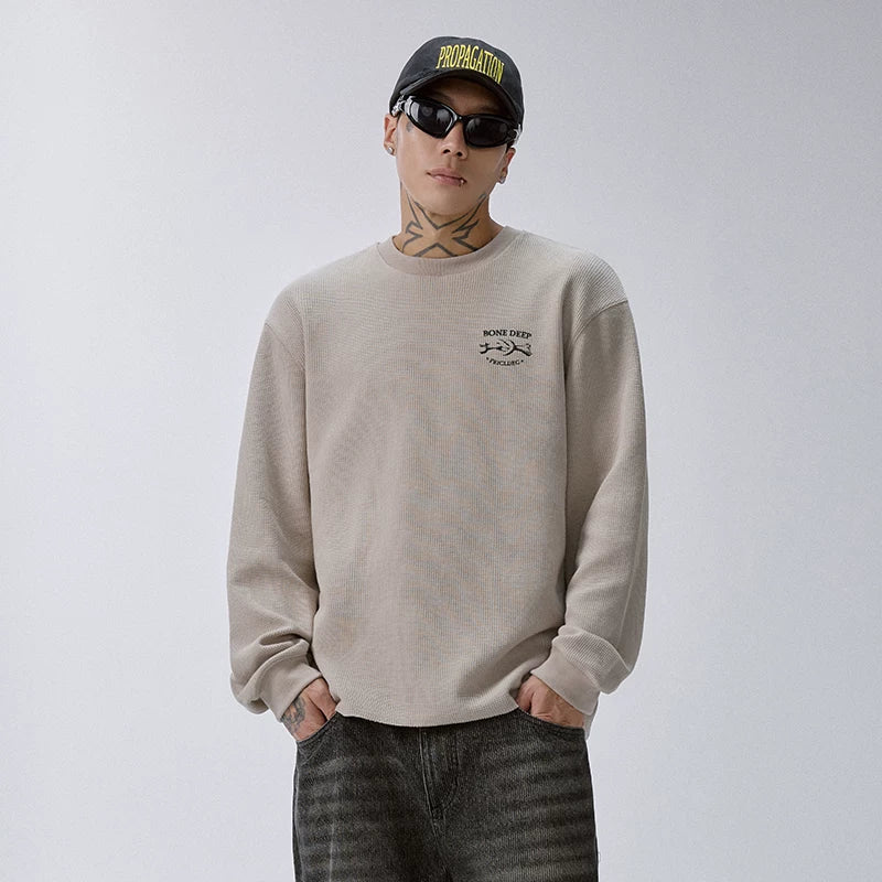 F2CE Men's Heavyweight Waffle Knit Skeleton Graphic Sweatshirt, Oversized Crewneck Long Sleeve Streetwear Top
