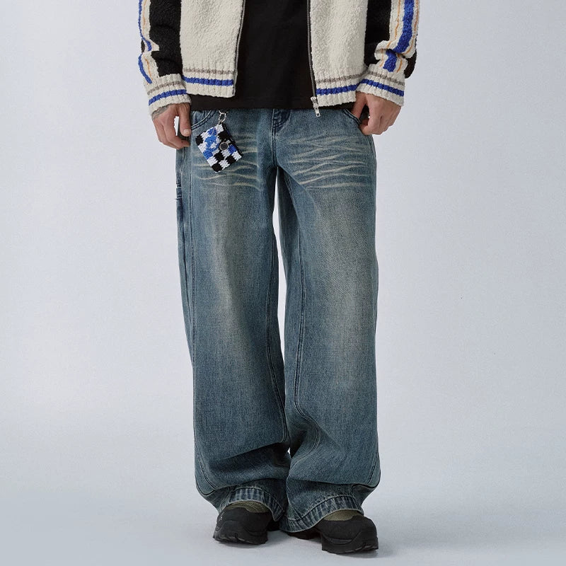 F2CE American street wash, vintage and fake, two pieces of double waist stacked jeans, men's loose straight leg wide leg casual pants