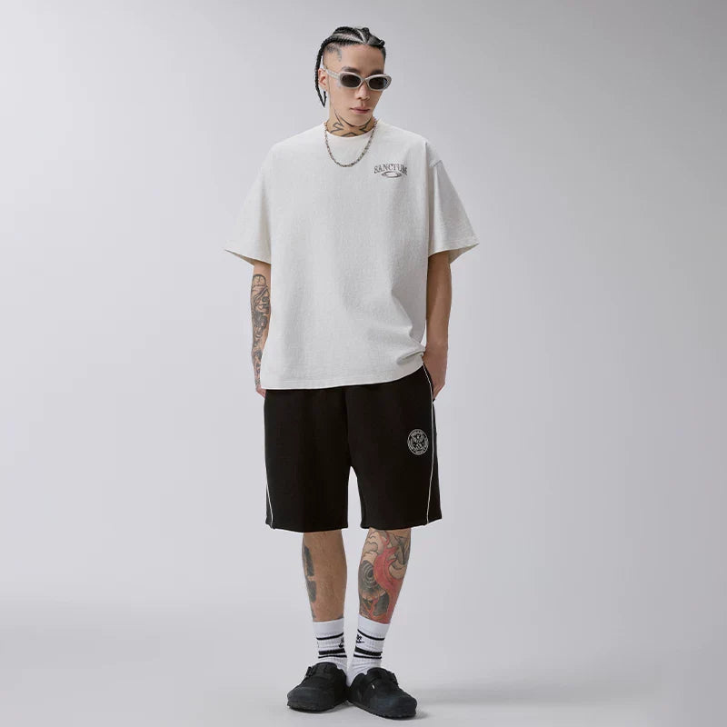 F2CE American style retro college emblem sports shorts black pure cotton side striped loose casual pants