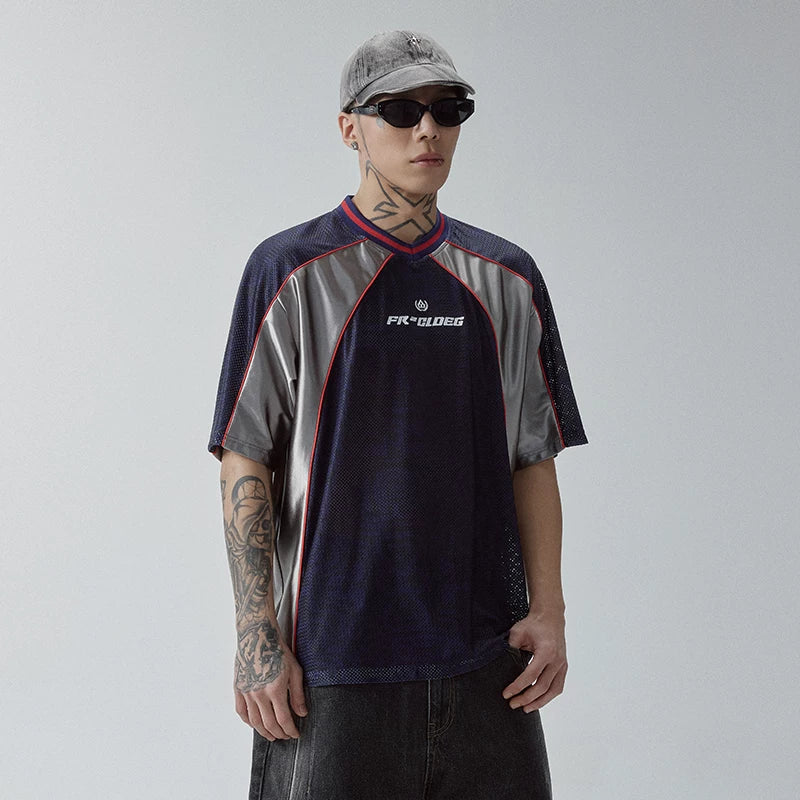 F2CE Trendy Splicing Color Contrasting Double layer Mesh Breathable Quick drying Printed Sports Short Sleeve Half Sleeve Ice Hockey Jacket T Men