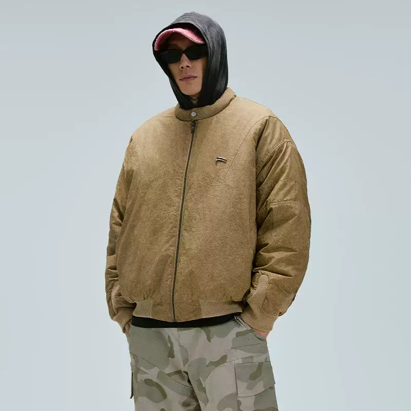 F2CE Trendy Zipper Cotton Jacket American Vibe Loose Wide Fold Cotton Jacket Thickened Warm Cotton Winter Casual Coat