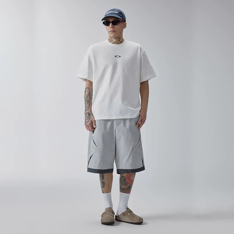 F2CE American style trendy spliced hollow out contrasting color casual shorts for men in summer, loose fit five extension shorts, athletic and breathable